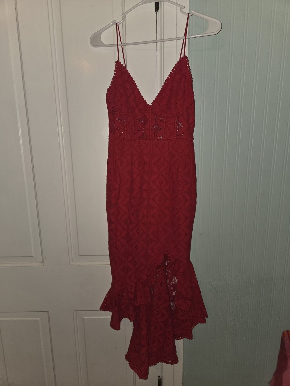 Selfie Leslie Red Lace One-Shoulder Slip Dress with Flared Hem